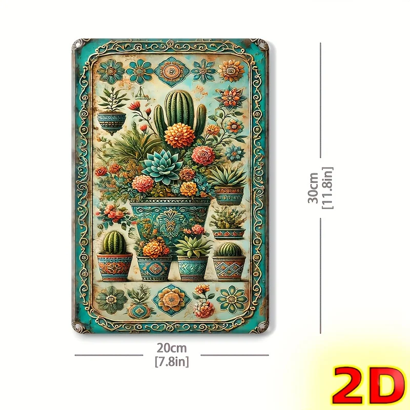 Retro Cactus Metal Wall Art Sign - Rustic Southwestern Desert Decor with Colorful Floral Design, Measuring 8 Inches X 12 Inches,