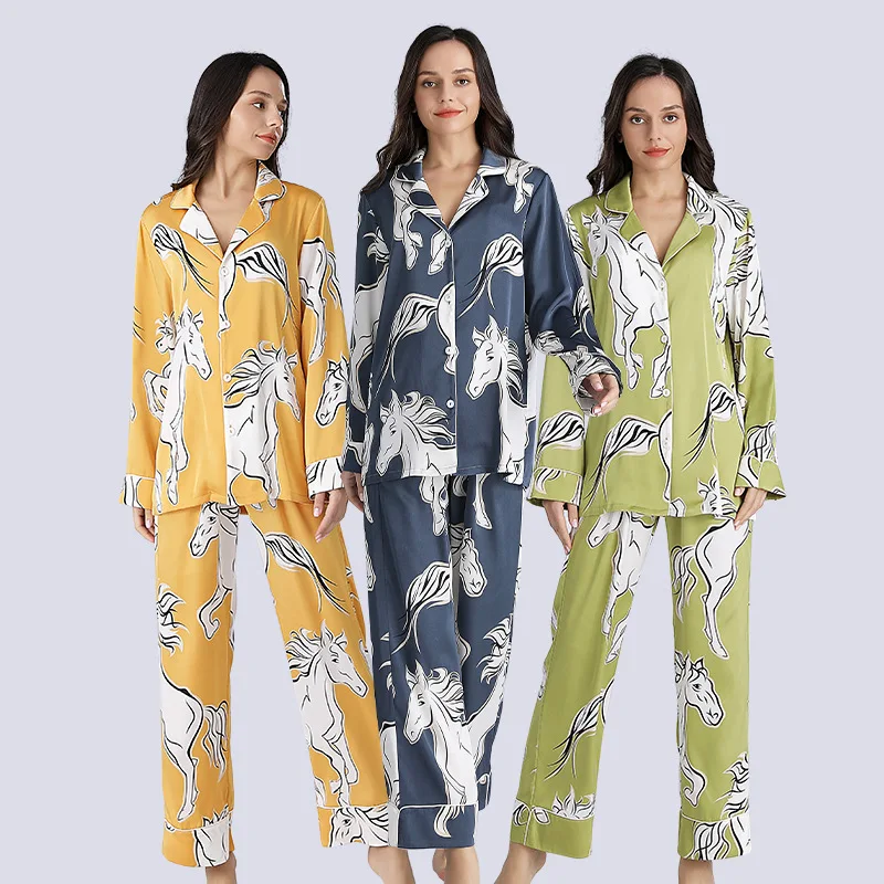 

Print Women Two Piece Set Sleepwear Lady Long Sleeve Nightwear Female Silk Satin Sprint Summer New Loose Casual Homewear Pajamas