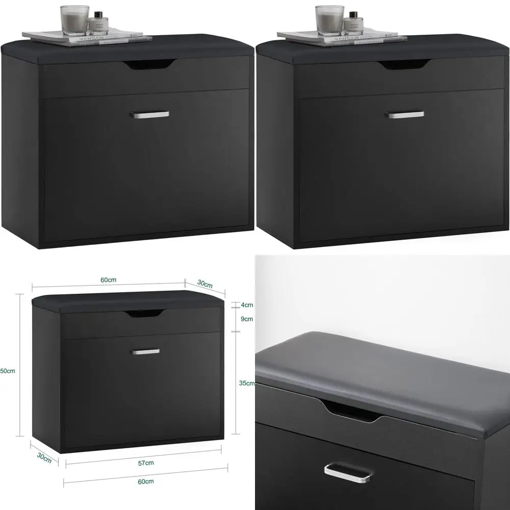 

Narrow Padded Seat Shoe Cabinet, Compact Storage for Entryway, Black