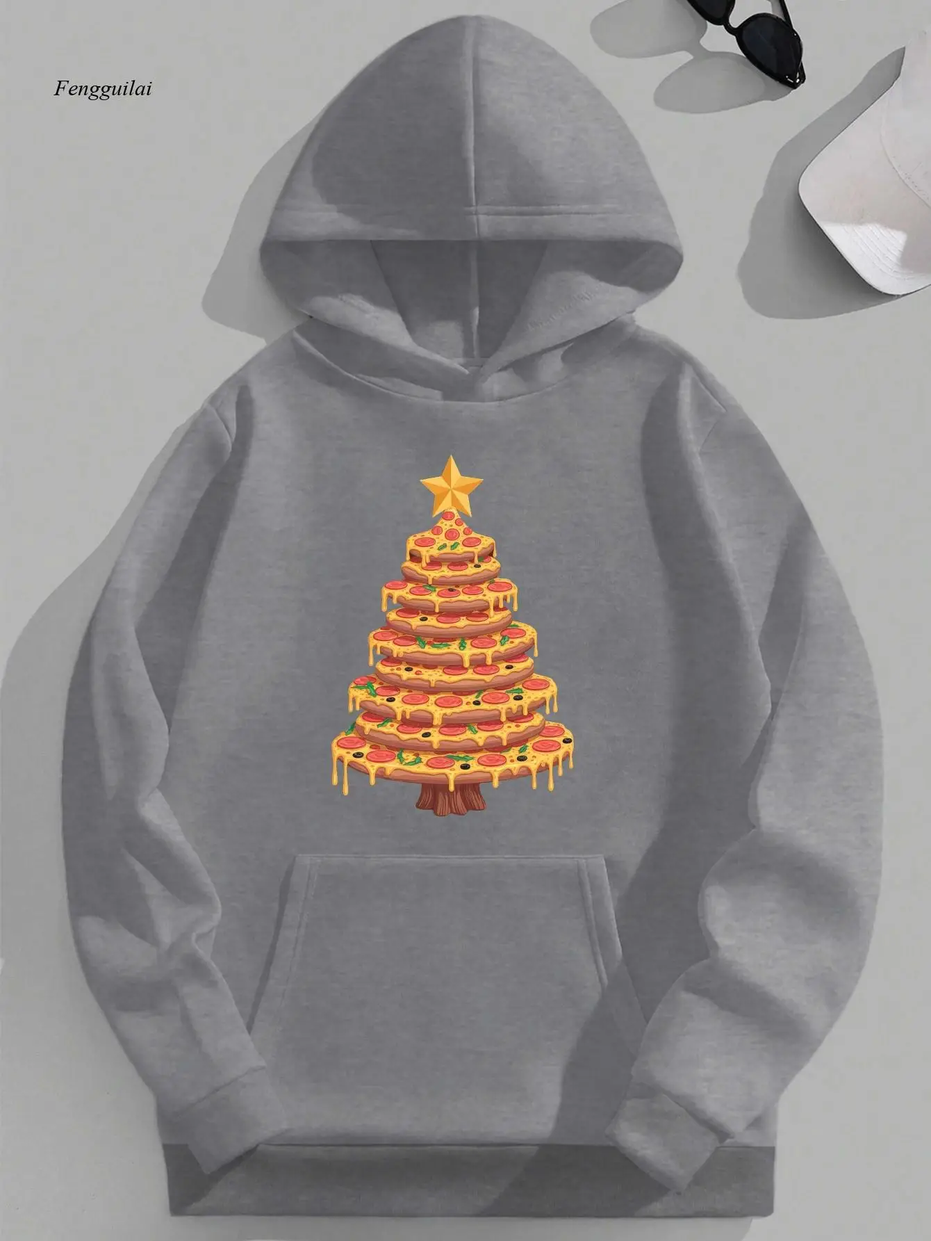 بلوفر بقلنسوة لعيد الميلاد بنمط شجرة البيتزا، هوديي فضفاض، مناسب لحفلات العطلات والارتداء الكاجوال #1