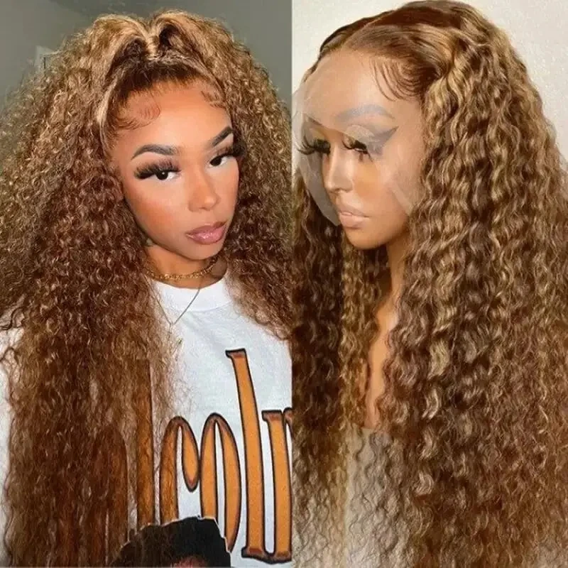 

13x4 Highlight Wig Human Hair Curly Honey Blonde Brown Colored Lace Front Human Hair Wigs For Women Deep Wave Lace Frontal Wigs