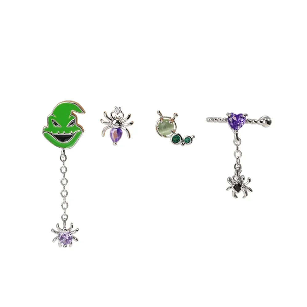 New Ins Punk Fashion Zircon Funny Cute Enamel Green Spider Ghost Cartoon Stud Earrings for Women Girls Party Jewelry Gifts view 3