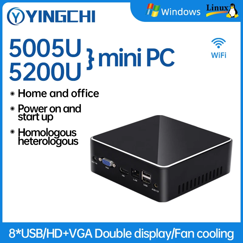 YINGCHI Mini Computer Win10 1000M LAN Core i3-5005U/i5-5200U HD-MI VGA 128G 256G SSD WiFi Small Desk PC