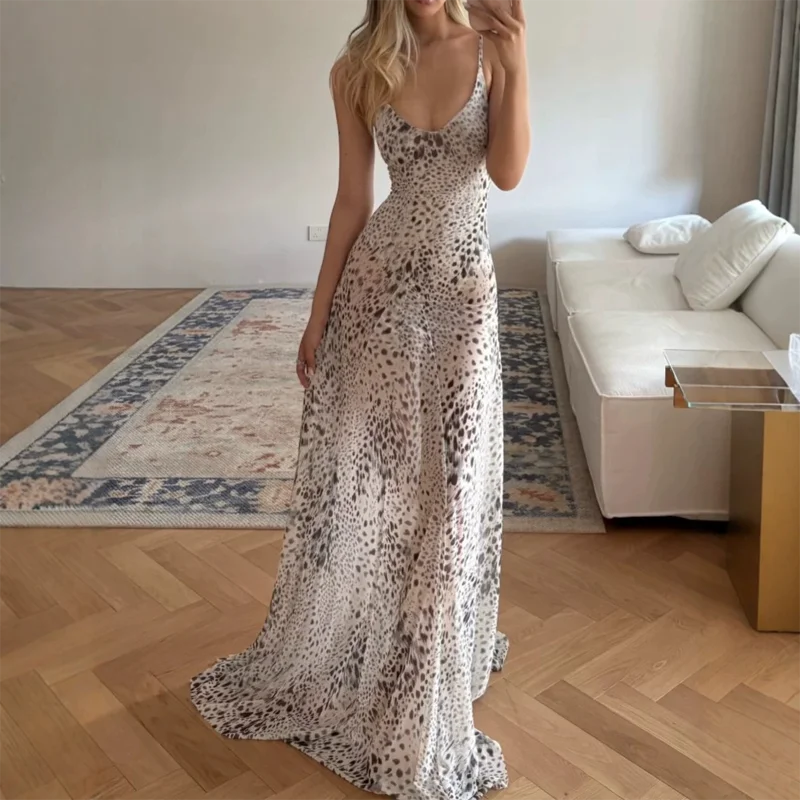 2026 Women Leopard Maxi Dress Spaghetti Strap Long Dress Slim Fit A Line Y2K Vintage Elegant Casual Summer Beach Party Dress
