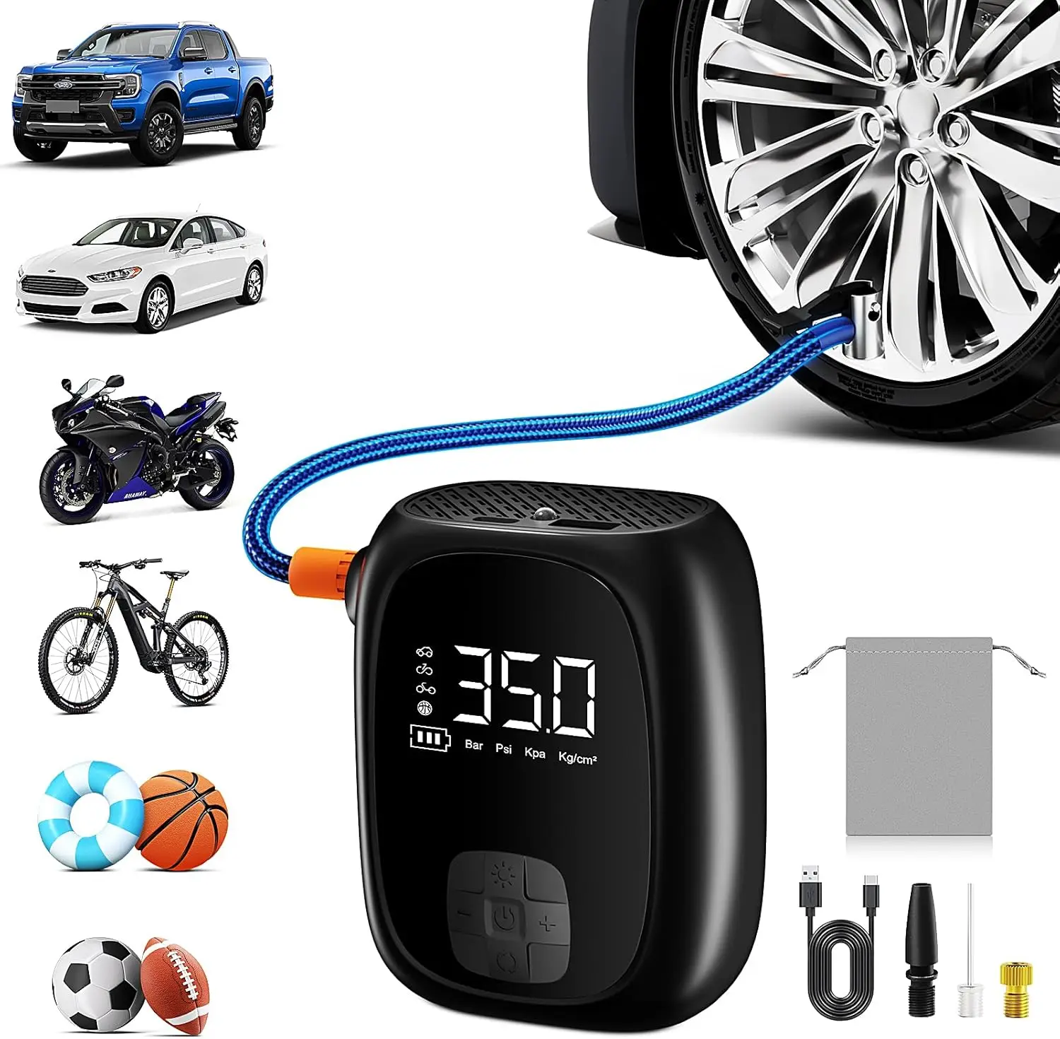 

Portable Tire Inflator – Fast Air Compressor with Auto Shut-Off, LED Display, USB Rechargeable, Compact for Car, Motorcycle & Bi