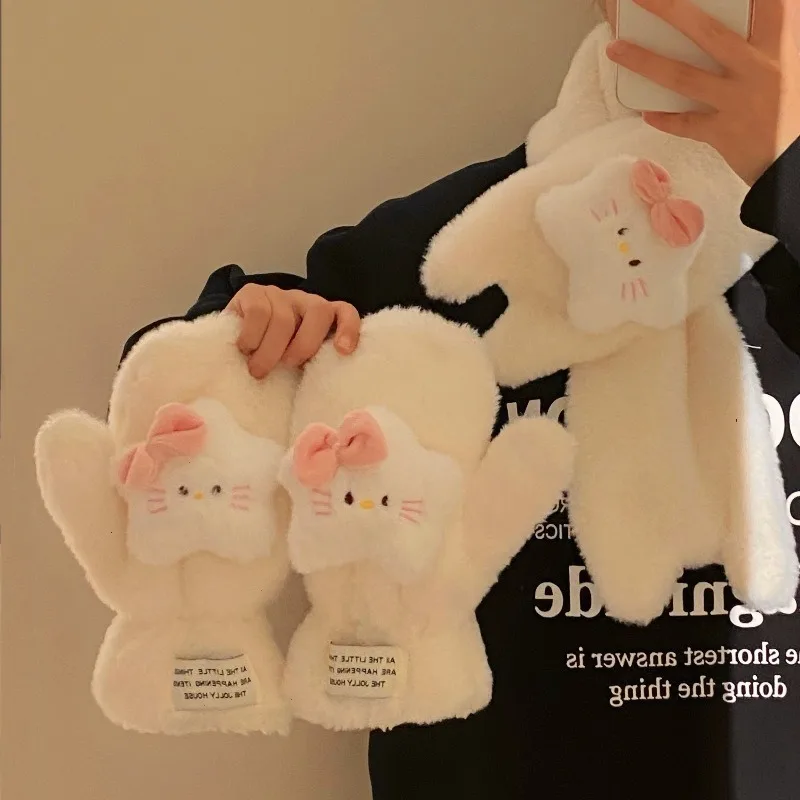

Kawaii Hello Kitty Winter Warm Scarf and Gloves Cartoon Girlish Heart Thickened Windproof Soft Plush Student Scarf Holiday Gifts