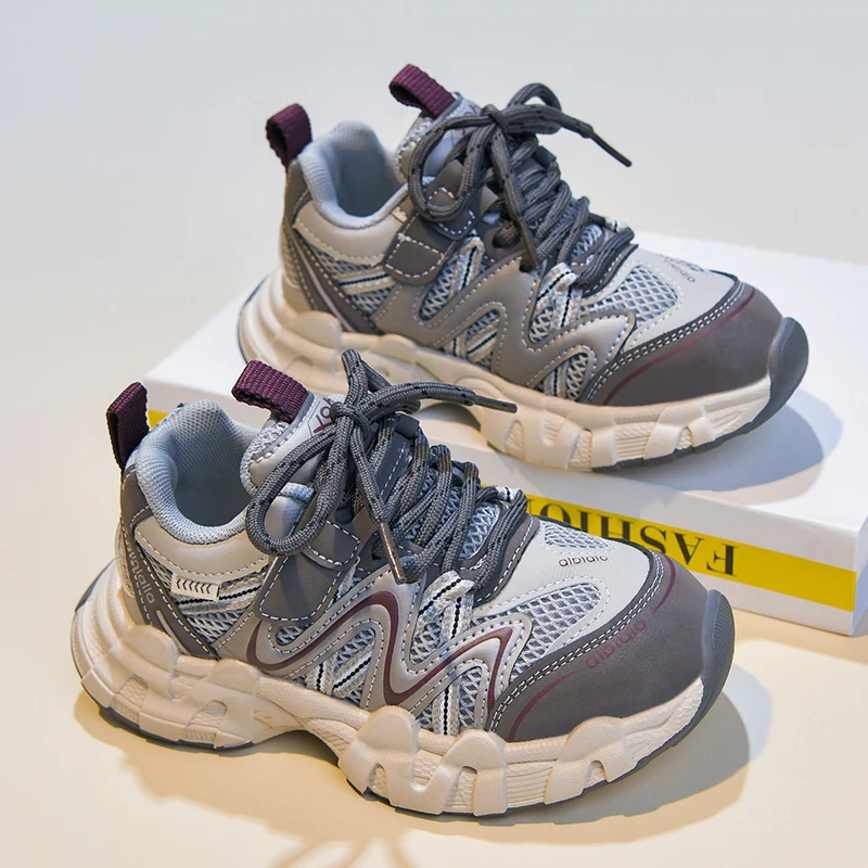 High quality Chunky Sneakers Boys Girls Synthetic Leather Mesh Mixed Color Round Toe Lace-Up Sports Trainer Kids Shoes Handmade