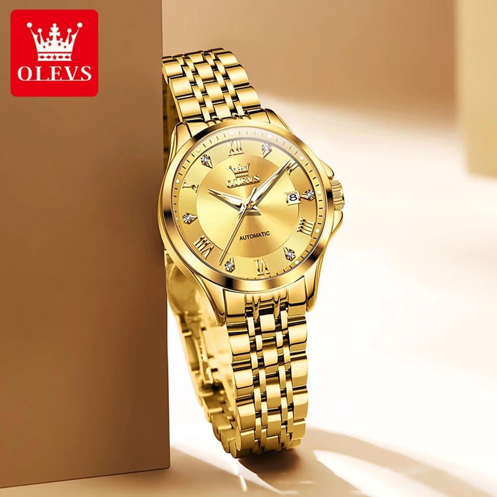 

OLEVS женские механические часы с ремешком из нержавеющей стали, роскошные женские наручные часы с календарем, оригинальные автоматические часы для женщин 6702