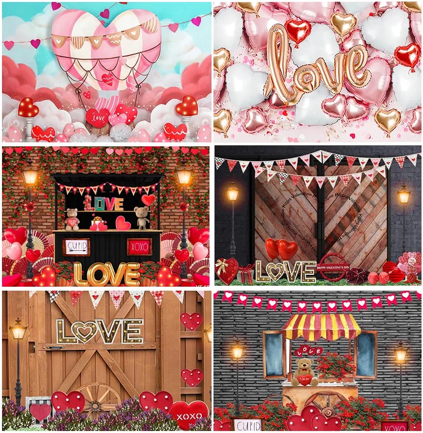 Love Shop Wood Store Little Bear Hot Air Balloons Valentines Day Photography Background Birthday Baby Shower Backdrops Photocall