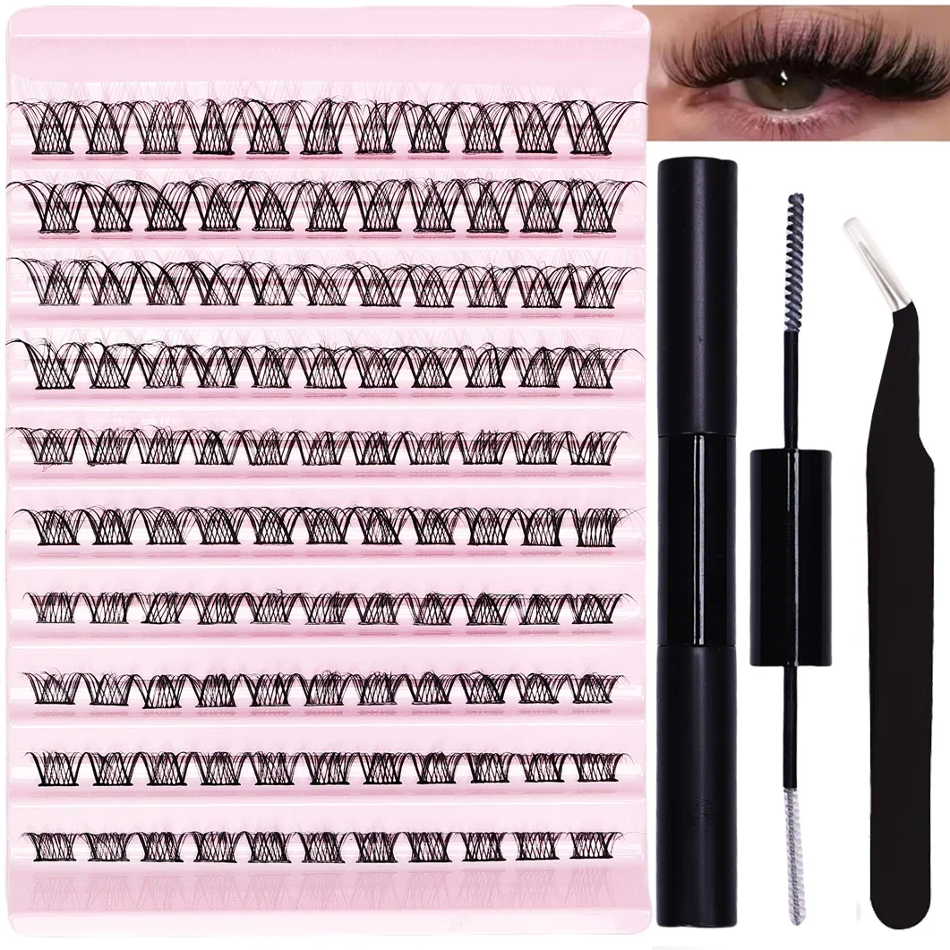 110pcs False Eyelashes Extension Kit with Adhesive and Tweezers for DIY Lash Clusters Mix Length