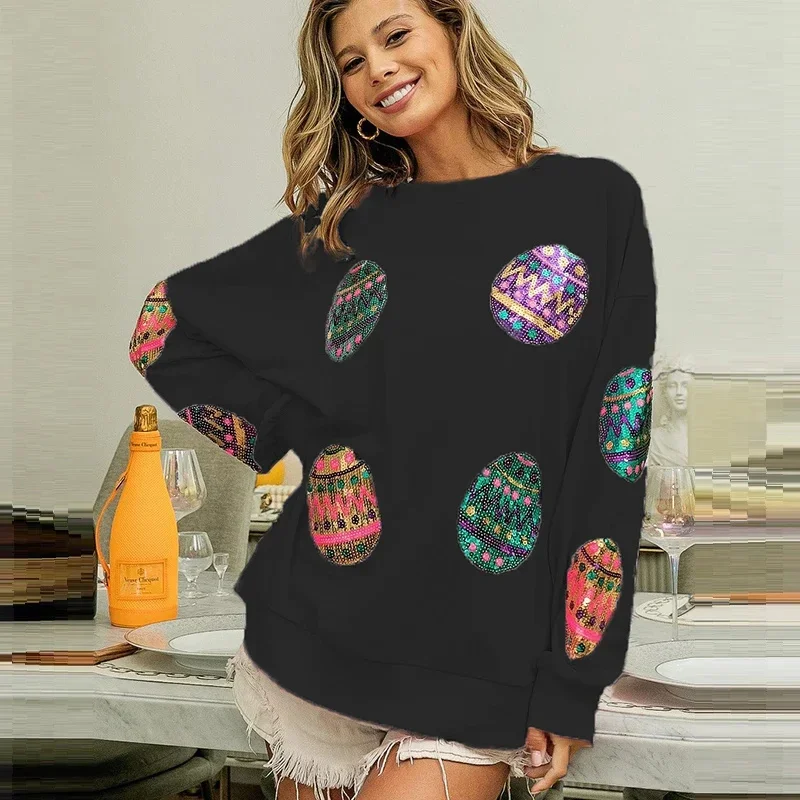 Sequin Sweatshirt Easter Egg Pullover Knitted Spring Casual Loose O-Neck Long Sleeve Hoodies Office Lady Style Lsdy's Clothing