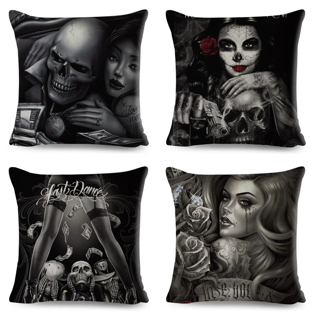 غطاء وسادة بطباعة كرتونية ، غطاء وسادة بتصميم جمجمة مثير للنساء والفتيات ، للأريكة ، المنزل ، السيارة ، البوليستر ، 45x45 سم