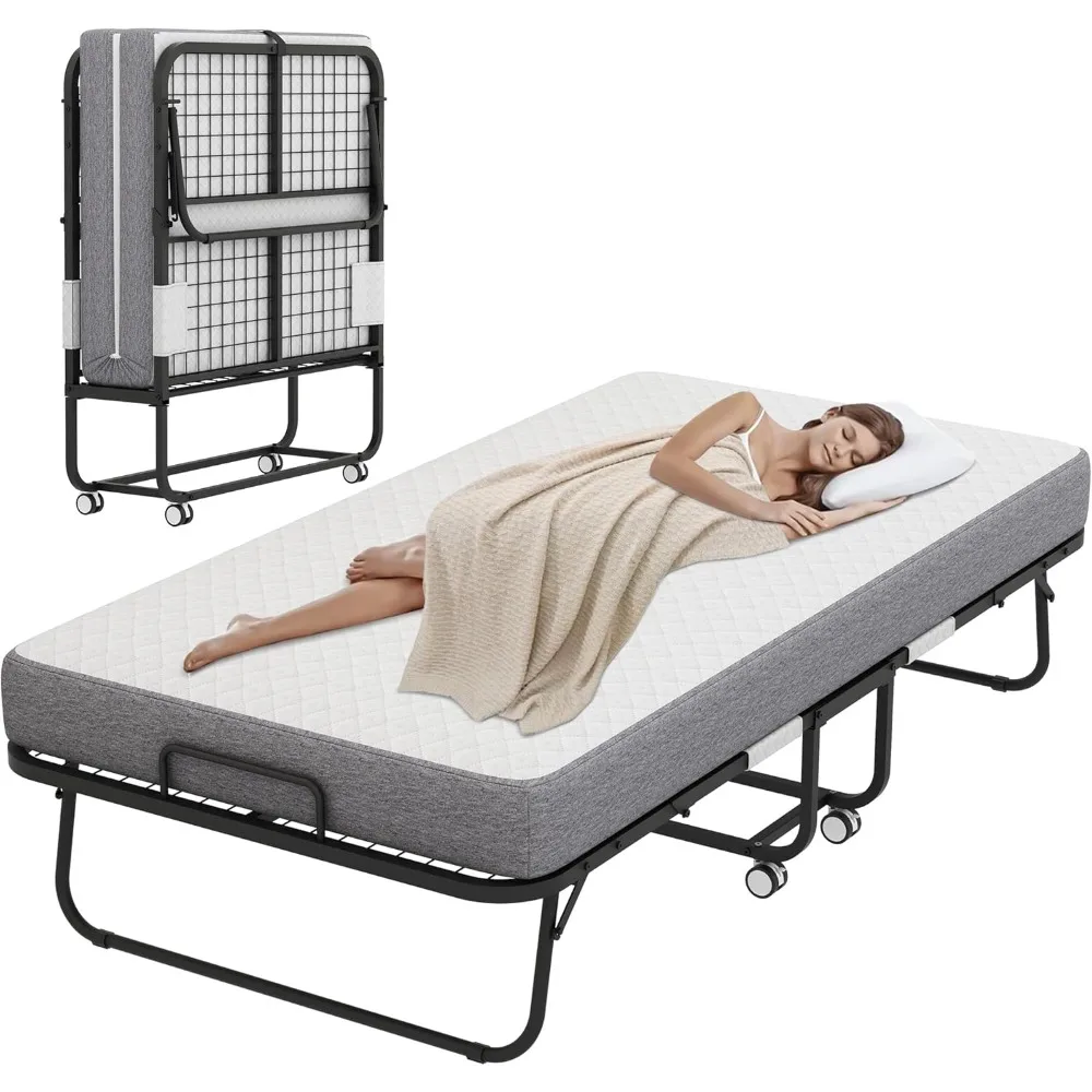 

Folding Bed with Mattress for Adult, 75''x46'' Foldable Rollaway Bed for Guest, Space Saving Fold Up for Easy Storage