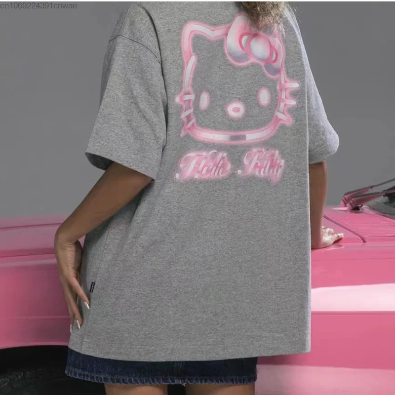 Sanrio Hello Kitty Anime Short-sleeved Tops Women\'s Loose Casual Cotton Oversized T-shirt Y2k Harajuku Hip Hop Clothing Couple
