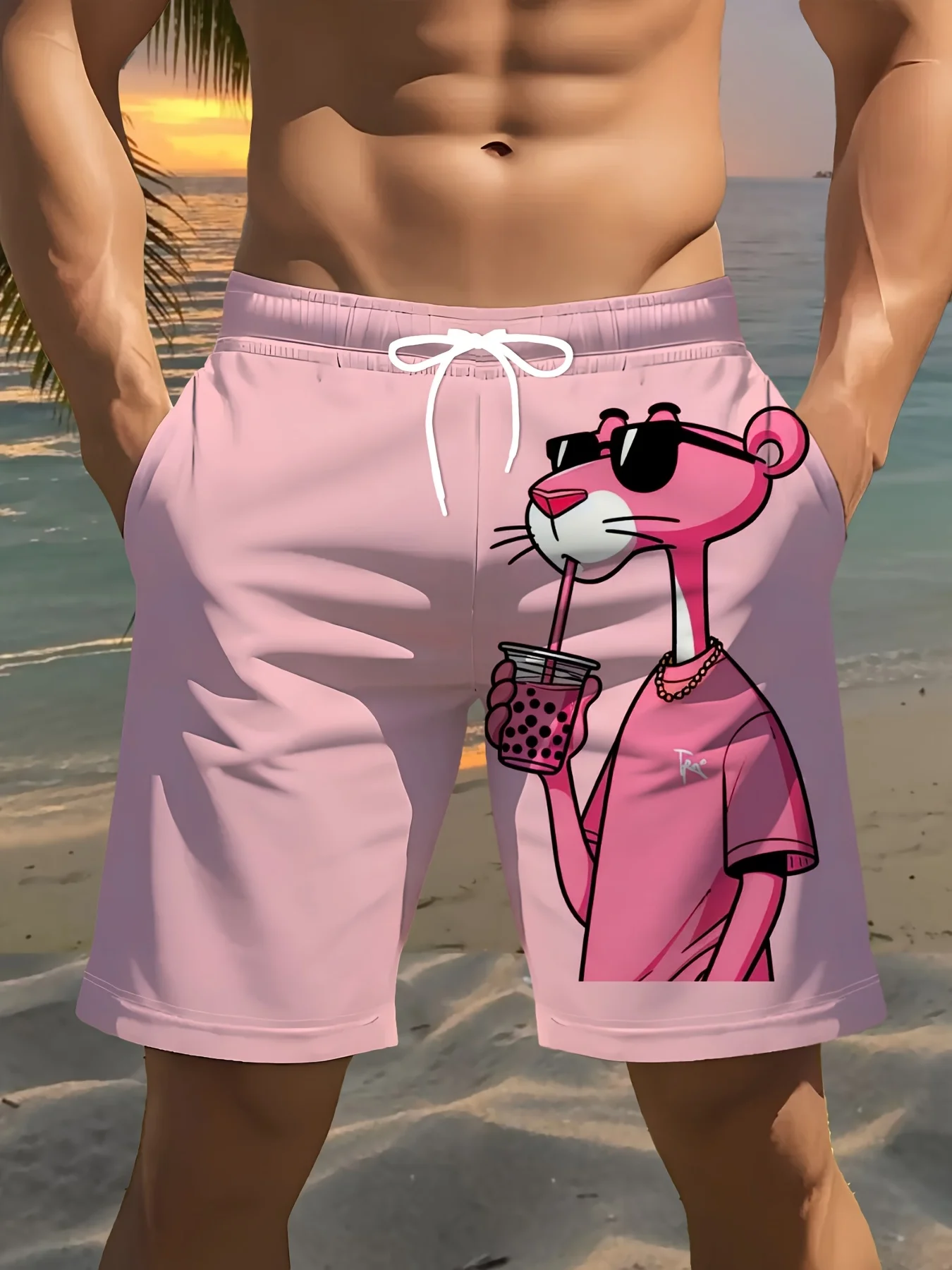 

Men's fashionable printed beach shorts, pink leopard pattern 3D printing, - Casual polyester drawstring waistlight and comfortab