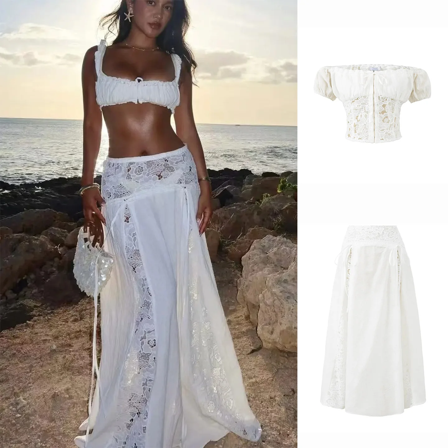 Spring New Arrival Women's Lace Splice Bubble Sleeve Top High Waist A-Line Skirt Two-Piece Set Fashionable Casual Outfit
