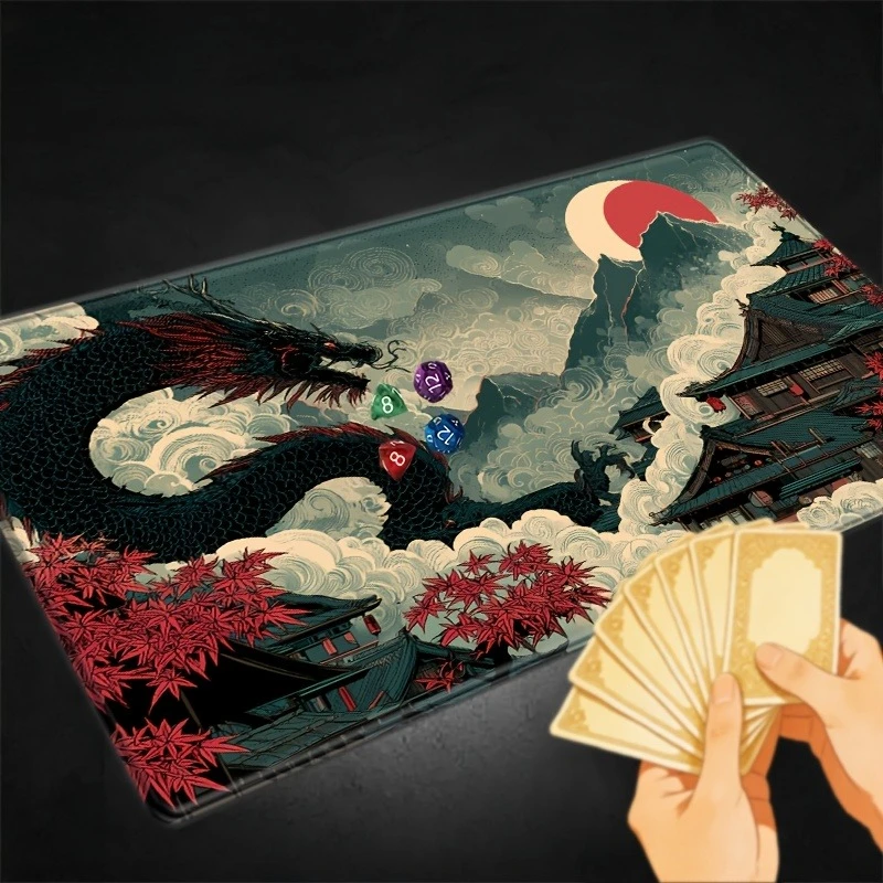A TCG game pad depicting an Eastern dragon resting in a mountain temple, surrounded by mist, with a red sun and maple leaves.
