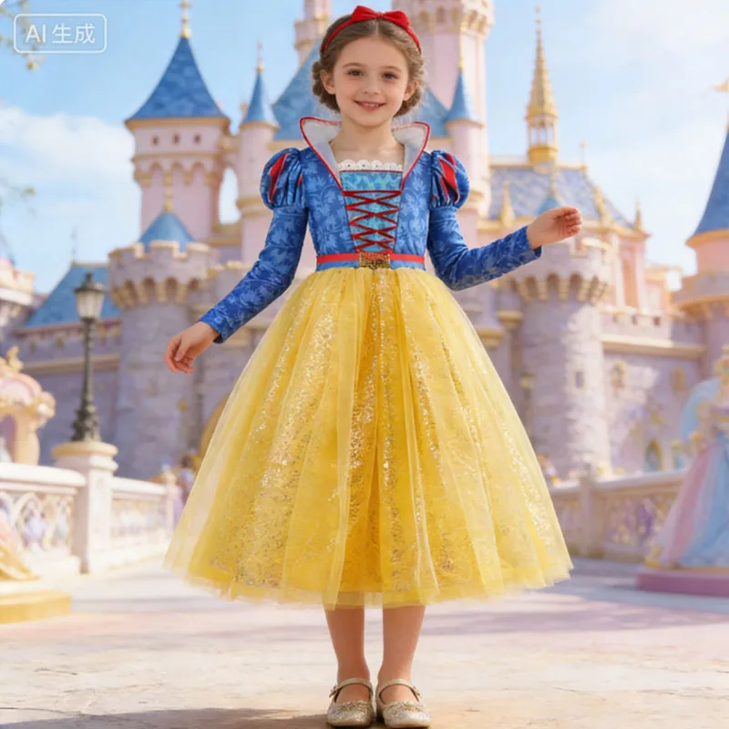 

Girl Halloween Costume Elegant Flower Printed Princess Dress Movie Classic Snow Princess Cosplay Carnival Party Girl Costume