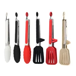 Pince à aliments en acier inoxydable, pinces de cuisson antiadhésives en silicone, outils d'extérieur pour salade et pain, accessoires de cuisine, 9 po