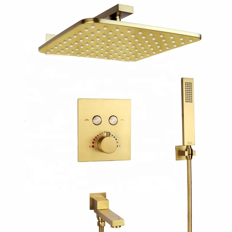 Brushed Gold Thermostatic Rainfall Shower System 10 Inch Bathroom Gold Luxurious Modern Shower Set With Bathtub Spout