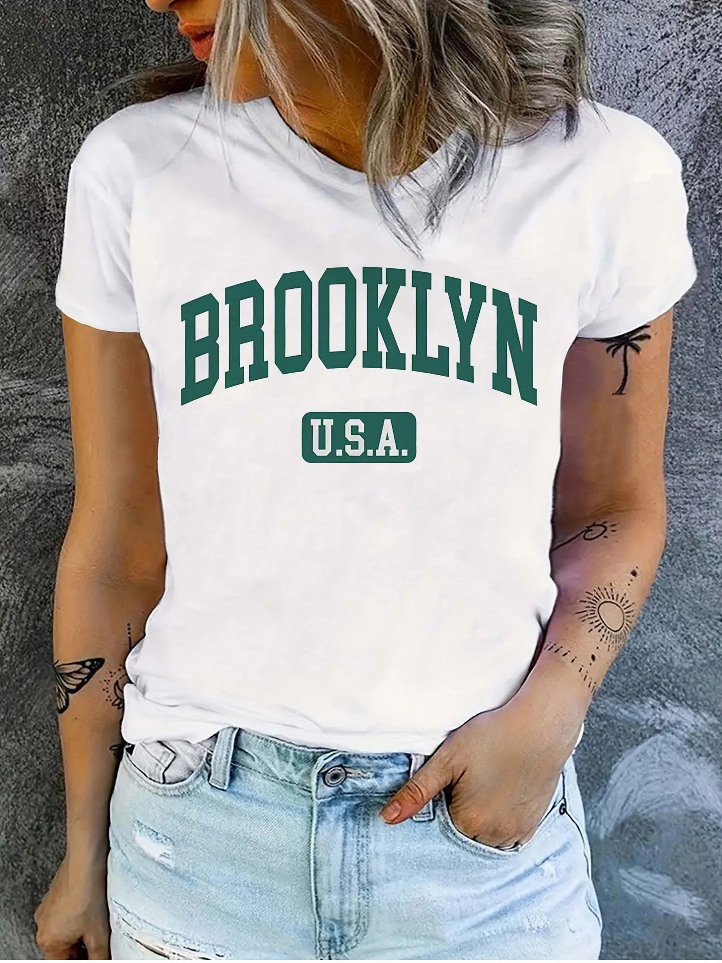 Camiseta de Mujer Brooklyn USA - Estilo Universitario con Gráficos, Uso Diario Informal