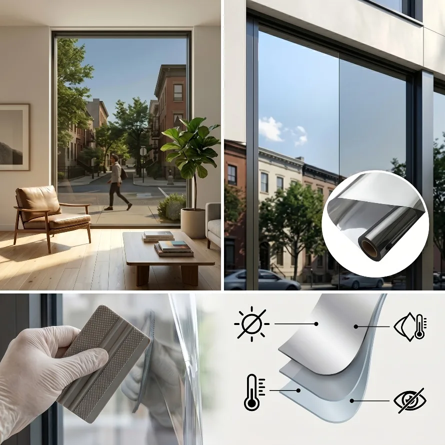 Reflective One-Way Perspective Window Film Static Adsorption Silver Back Heat Insulation Anti UV Privacy Protection Sticker