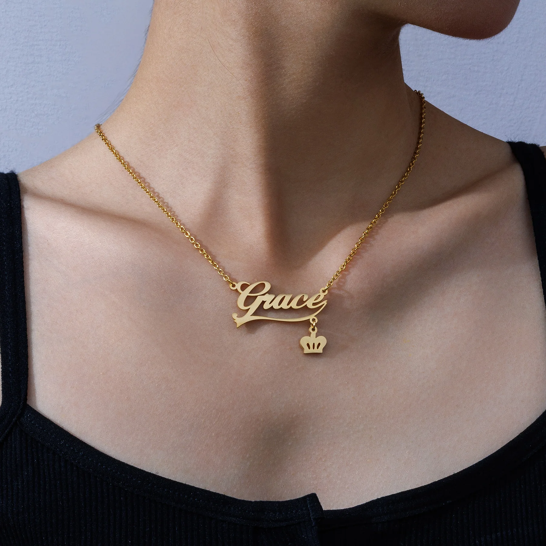 Acheerup Personalized Name Hanging Crown Cross Necklace for Women Stainless Steel Custom Letter Heart Chain Choker Birthday Gift