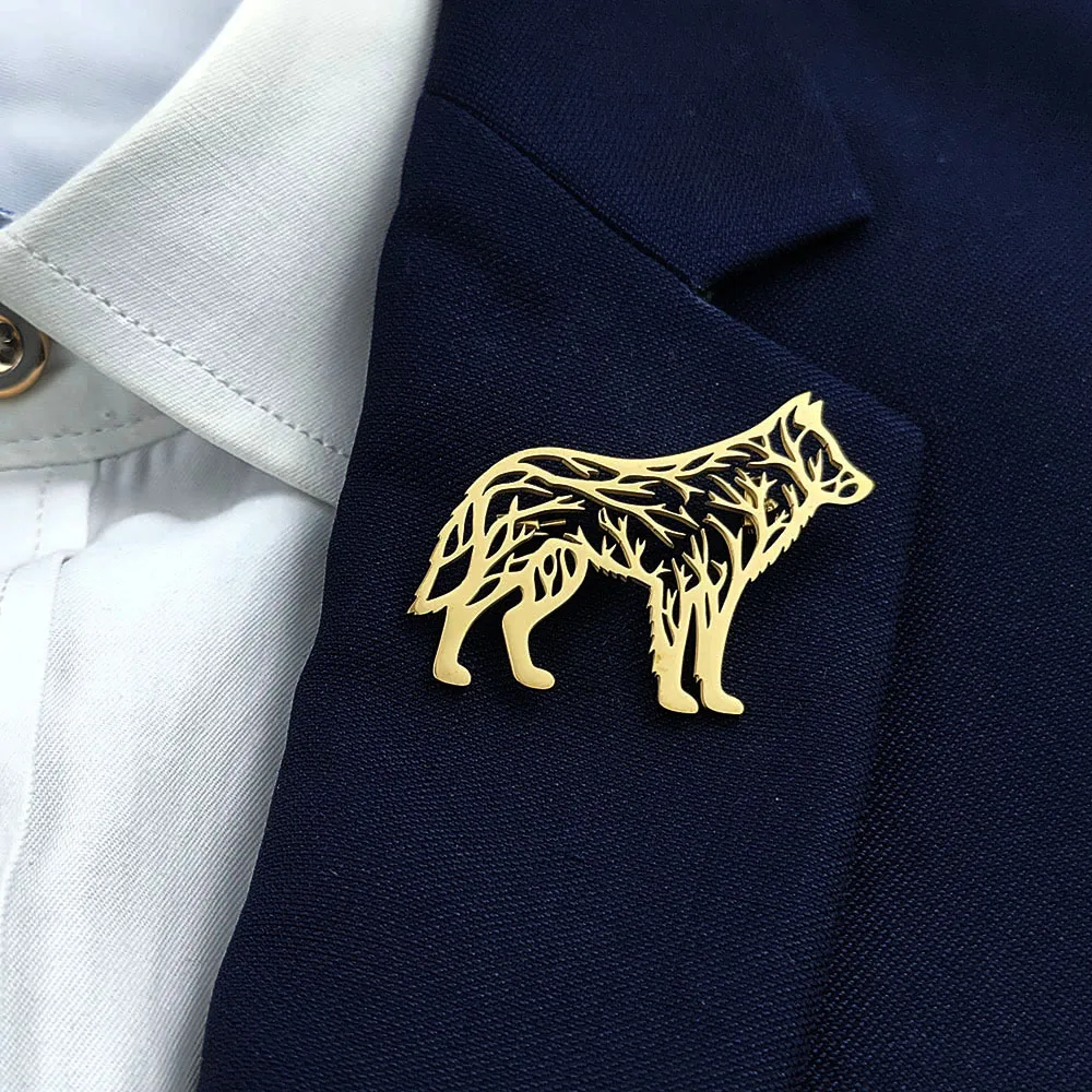 Creative branch lone wolf stainless steel brooch, waterproof and non-fading men'ssuit accessories, lapel pins, husband gifts