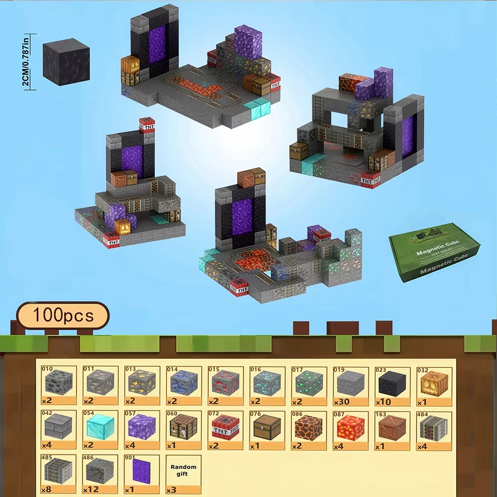 Kreative Bausteine, magnetisches Mine-Weltwürfel-Magnetset, DIY-Modus, geeignet für Jungen und Mädchen im Alter von 3 Jahren, die Kinder bauen