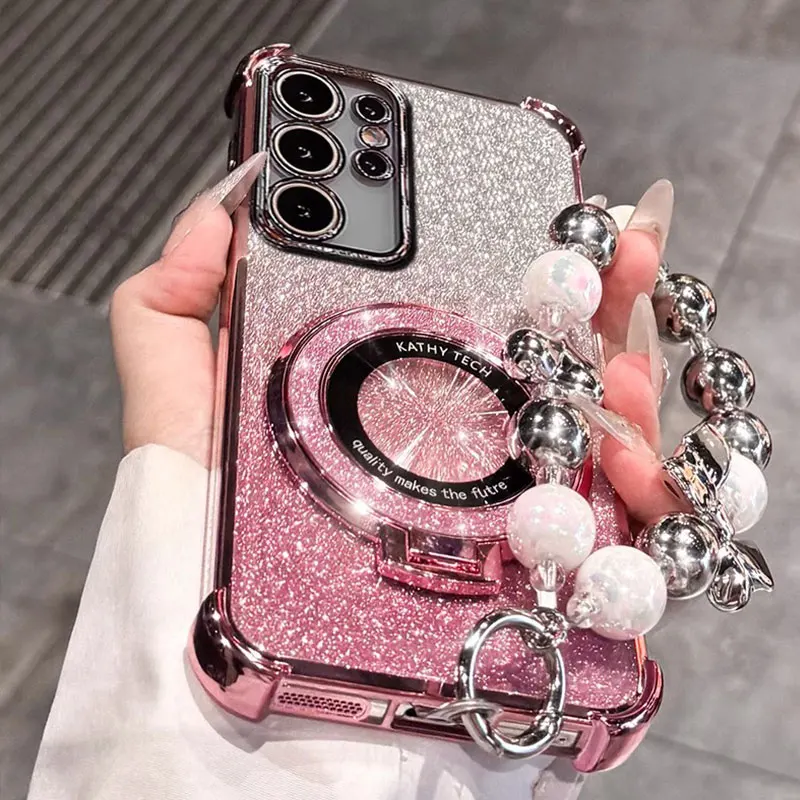 Etui odporne na wstrząsy do Samsung Galaxy S26 S25 FE S24 Plus S23 S22 Ultra A56 A36 A26 A17 A57 A37 z brokatem, podstawką i bransoletką. — zdjęcie produktu 3
