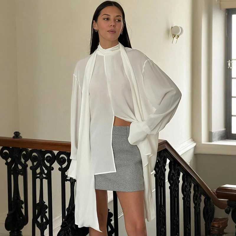 

Tornova Ribbon Chiffon Women's Blouses Long Sleeve See Through Turtleneck Shirt Loose Sexy Slit Pullovers Commuting Casual Shirt