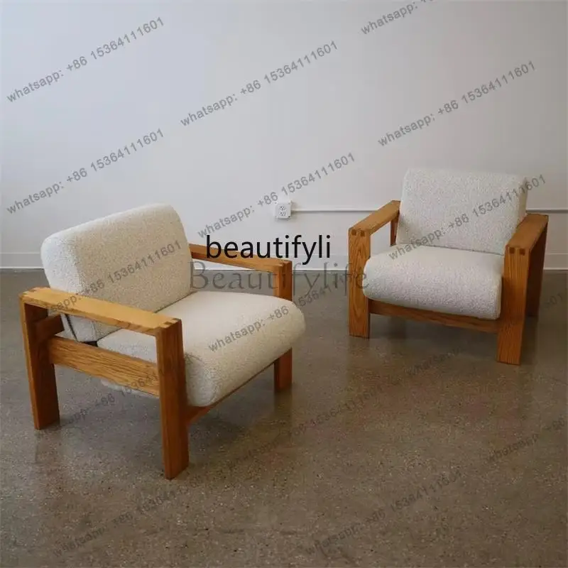 Medieval solid wood leisure chair white lamb wool single sofa living room book chair