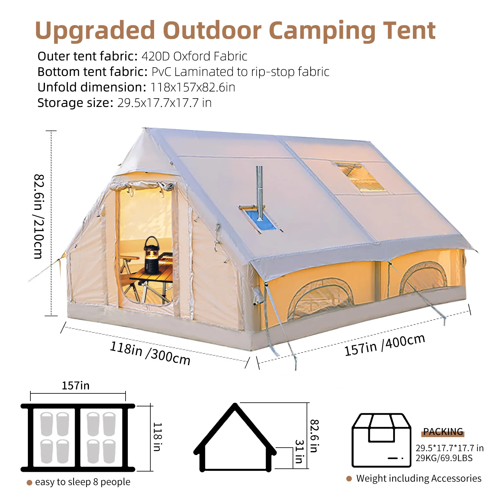 4 Season Inflatable Tents for Camping, Large Inflatable Camping Tent with Hand Pump, Portable Glamping Tent image 6