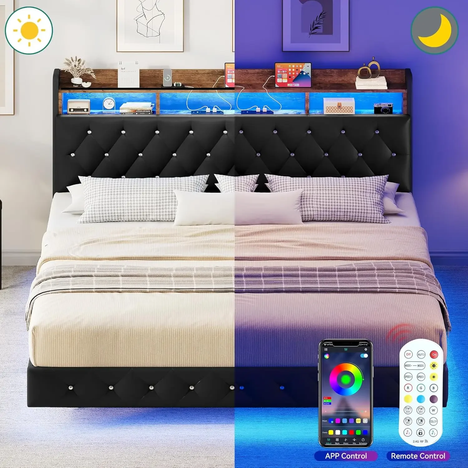 Schwimmender Queen-Size-Bettrahmen in den USA, gepolstertes Plattformbett mit RGB-LED-Leuchten, Stauraum, Kopfteil und Ladestation