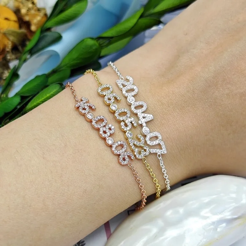 2023 Custom Anniversary Date Bracelet Personalized Number Zircon Charm Bracelet Chain Memorial Women Gifts Jewelry