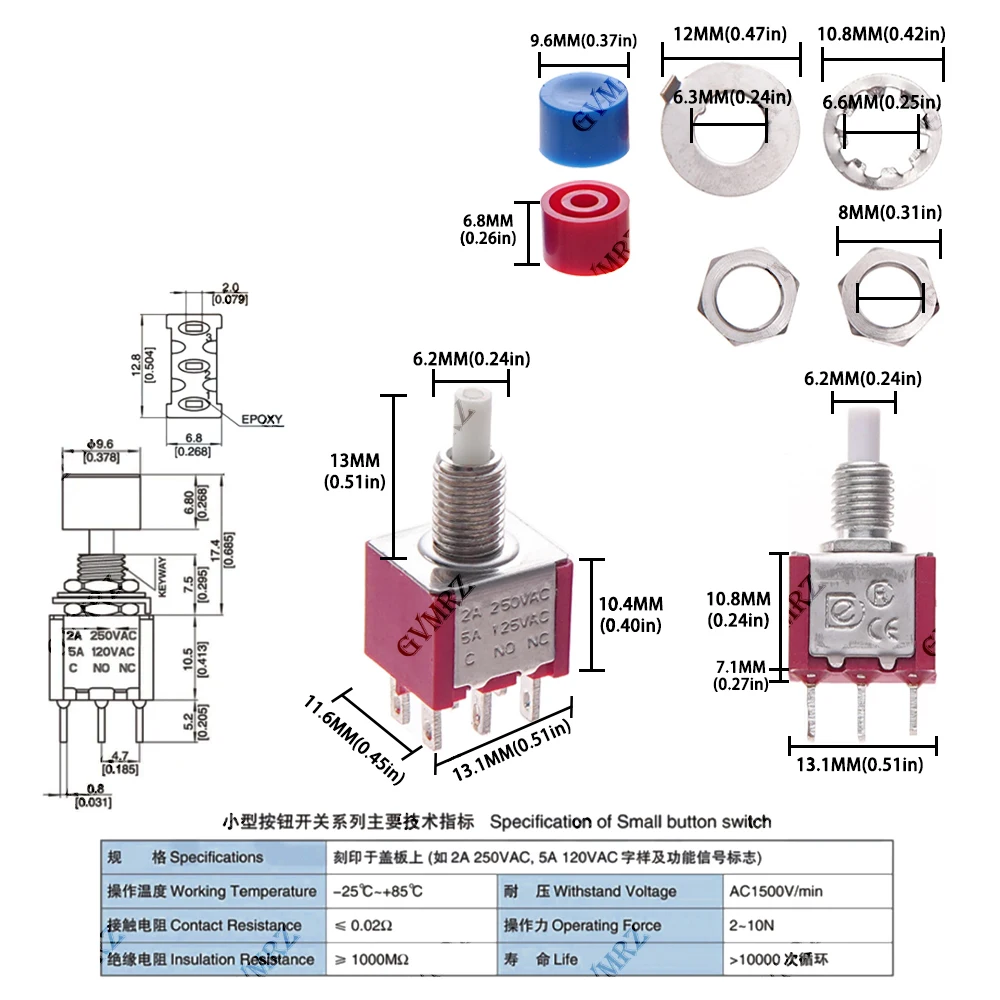 5PCS 2A 250VAC/5A 120VAC Button Switch 3Pin 6Pin C-NO-NC 6MM Mini Momentary Automatic return Push Button Switch ON-(ON) Red Cap - view 6