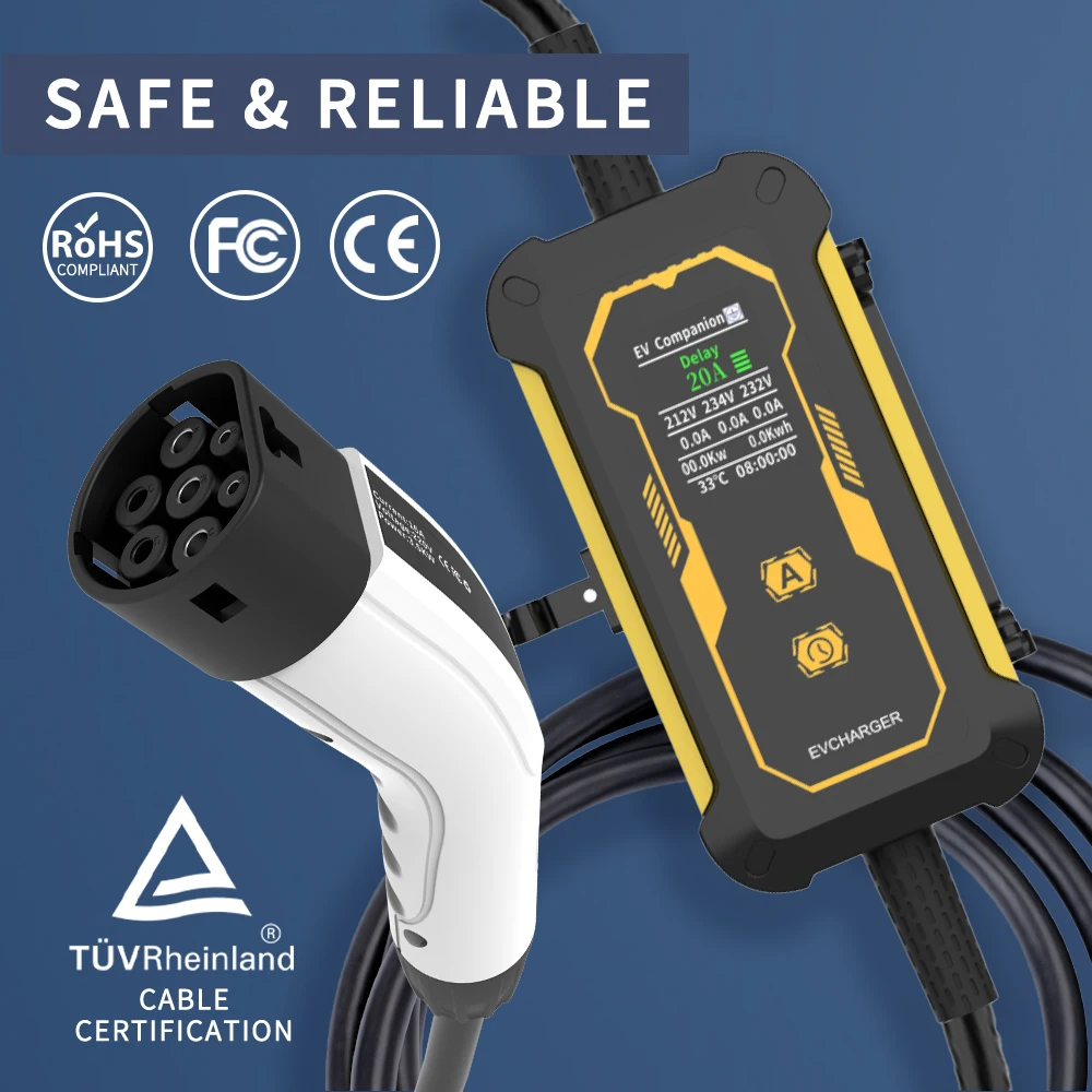 Unirise Type2 EV شاحن سيارة محمول 7KW 32A Wallbox الولايات المتحدة التوصيل Type1/GBT EVSE شحن سريع كابل 5 متر مع ضبط التيار/الوقت