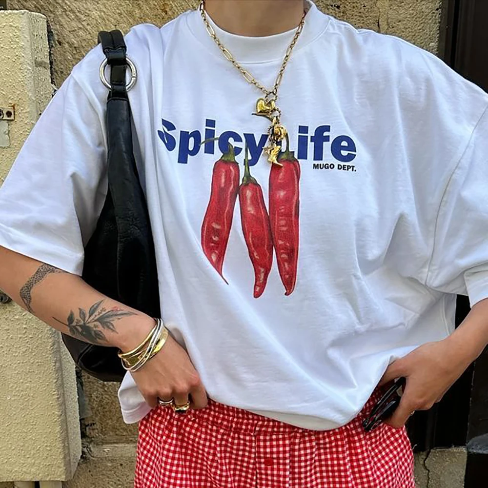 

Spicy Life Chili Graphic Tee Pure Cotton Summer Fashion Casual Funny National Culture Women T-Shirt Short Sleeves