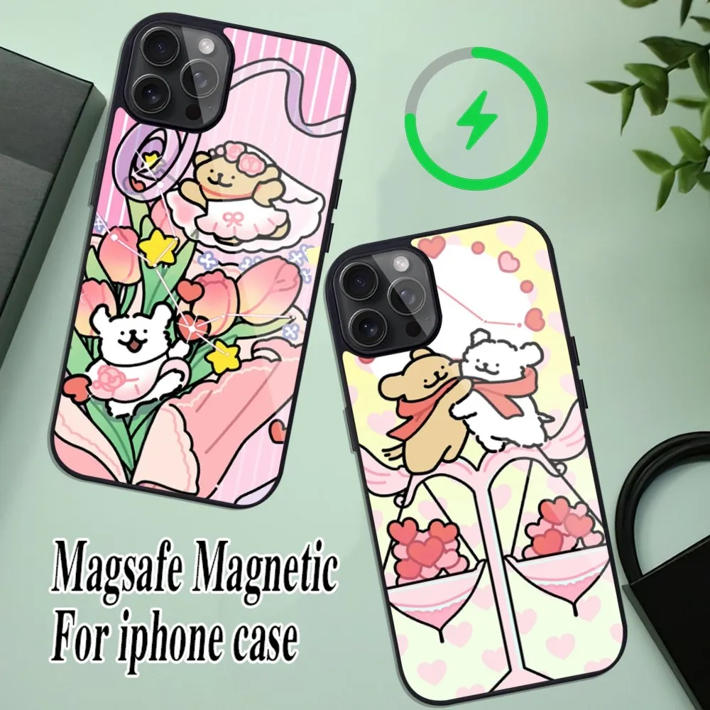 Korea line puppy Twelve constellations Phone Case For iPhone 11 Mini 12 13 Max 14 Plus 15 Pro Magesafe Magnetic Shell