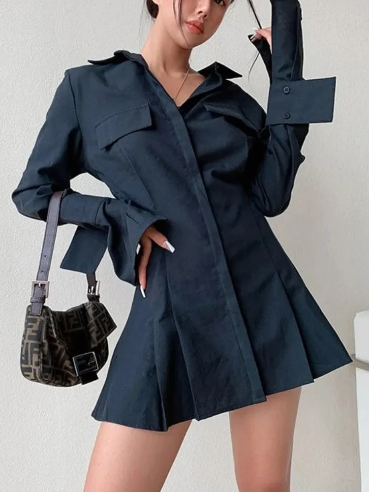 ZOKI Pleated Women Pleated Dress Long Sleeve High Waist Slim Ladies Shirt Dress Gothic Black Y2K Streetwear Vintage Mini Dress