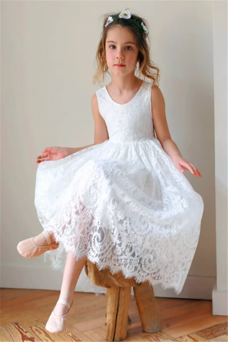 White Sleeveless Tulle Lace Printing Flower Girl Dresses For Wedding Puffy Baby First Communion Dress Kids Dream Surprise Gift