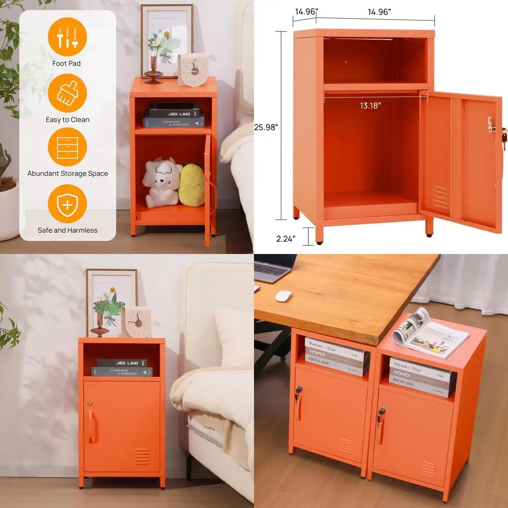 개방형 선반이 있는 현대적인 잠금식 금속 침대 옆 탁자, 가정 또는 사무실용 다용도 사이드 테이블, 오렌지색, 높이 26