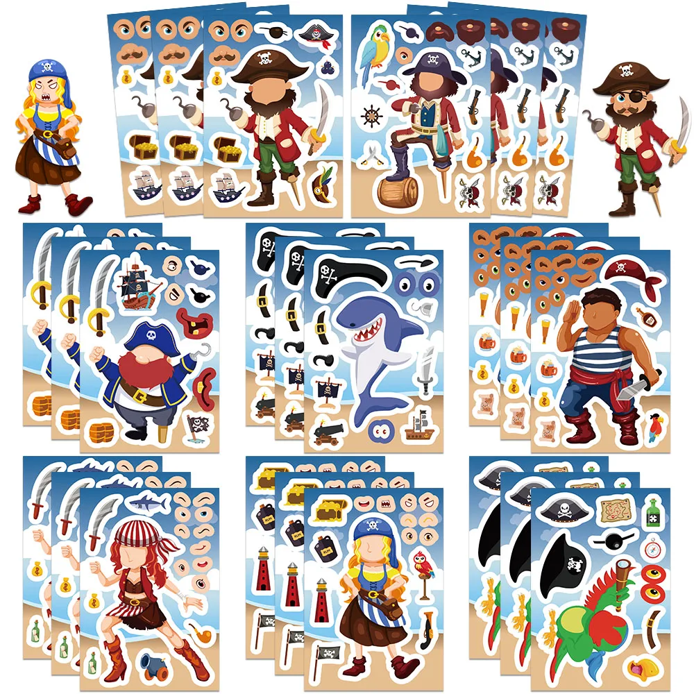 8/16/32Sheets Cartoon Pirate DIY Make A Face Puzzle Stickers Dress Up Game Face Funny Assemble Stickers Kids Creative Toys Gifts