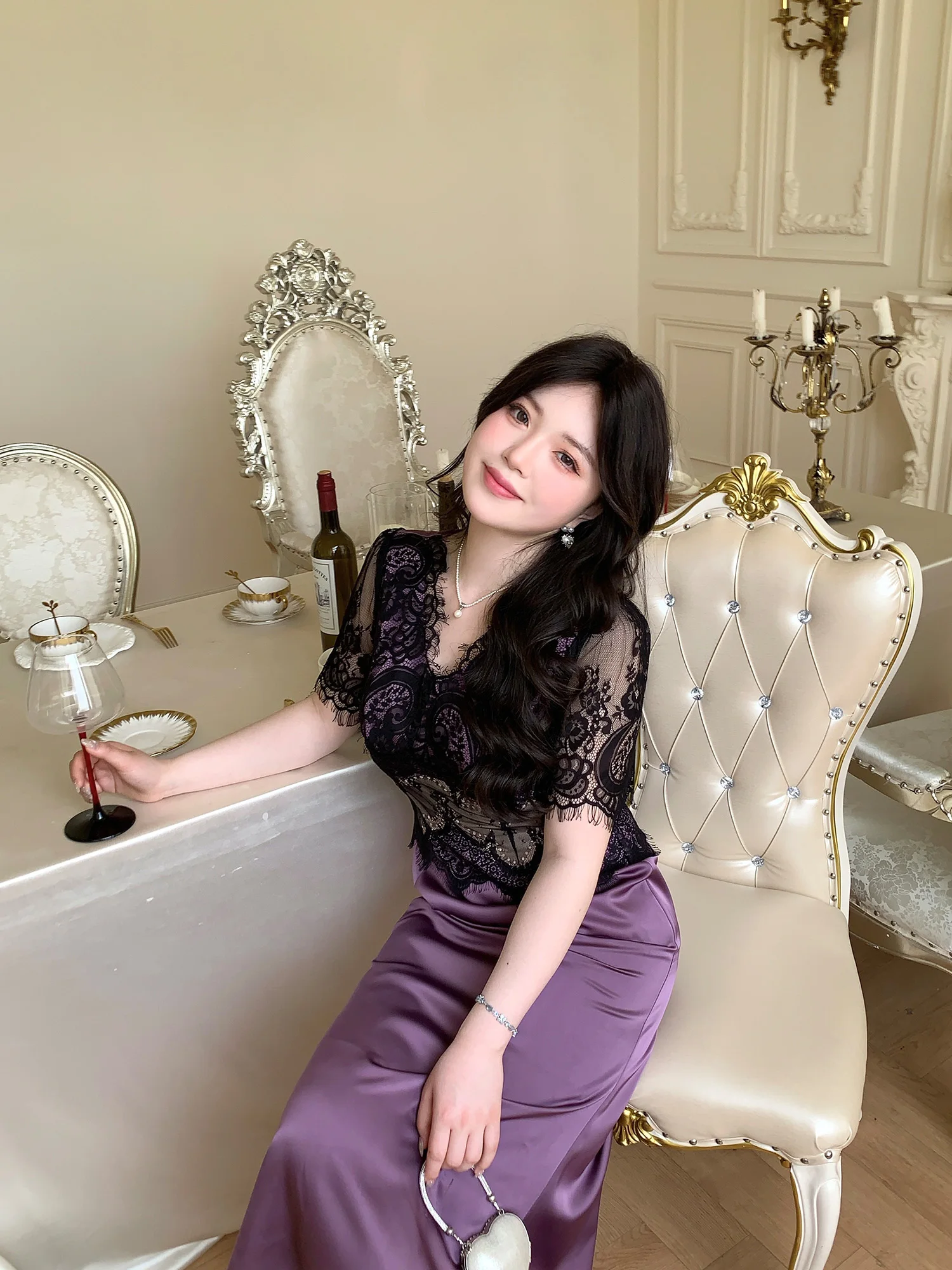 

MB plus Size Women's Dress Elegant Lace Patchwork Satin V-neck Gown French Style Slimming High Waist Long Skirt Ball Dress