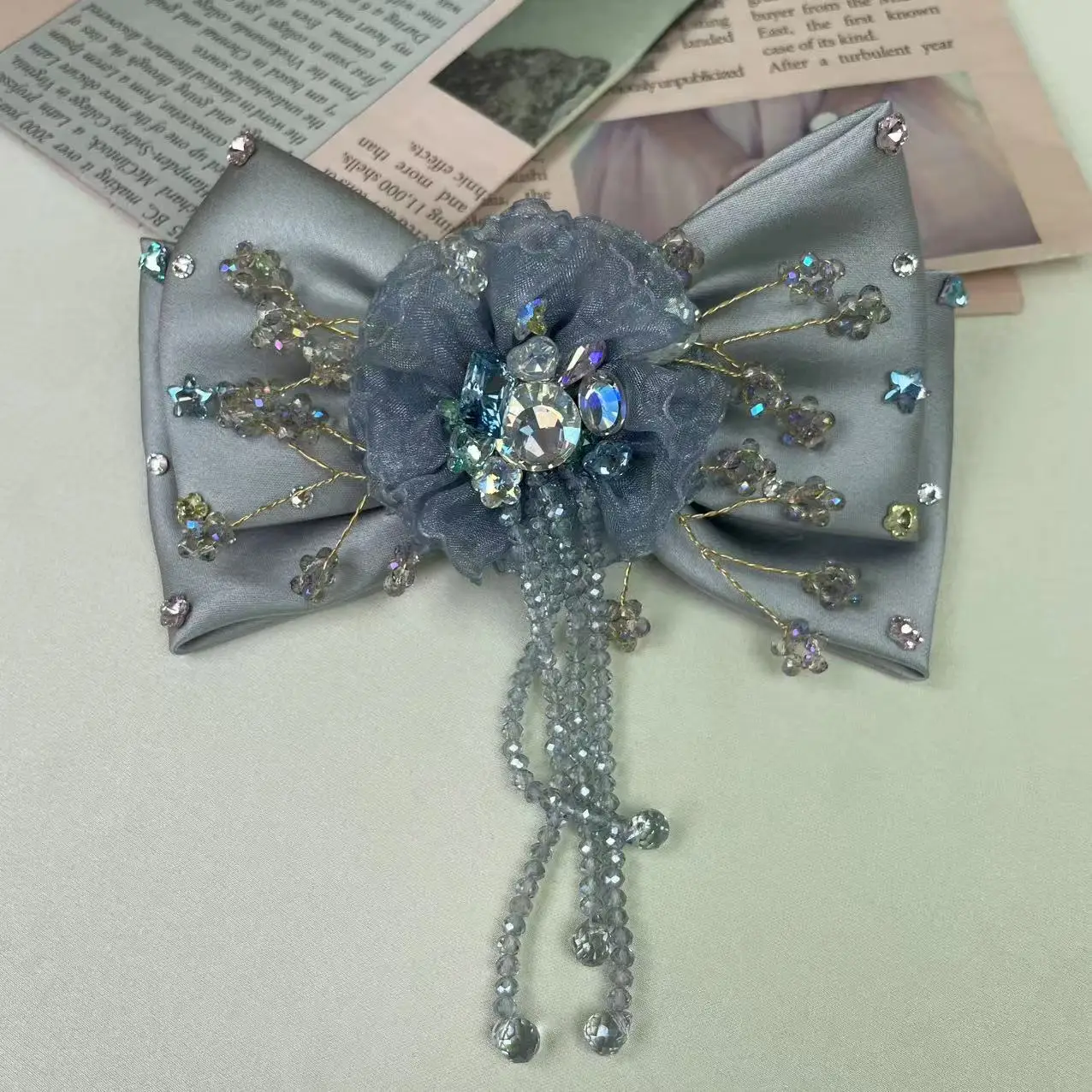 جديد الكورية نمط الأصلي مرصع بالماس سوبر الجنية الساتان طبقة مزدوجة شرابة القوس دبوس الشعر الربيع كليب #3