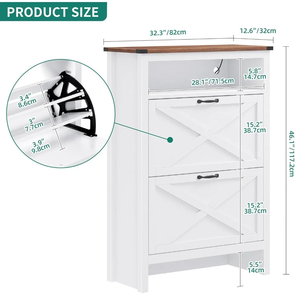 Shoe Cabinet with 2 Flip Drawers, Entryway Shoe Storage Cabinet with Open Shelves and Led Light, Free Standing Hidden S