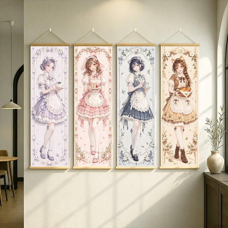 Anime Maid Girls Hanging Scroll with Lavender, Pink, Navy and Brown Ruffled Dresses in a Soft Floral Style for a Bedroom