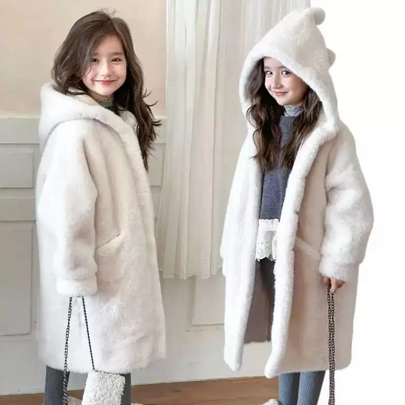 Autumn Winter New Children's Faux Fur Jacket Thicker Warm Imitation Mink Fur Fashion Horn Button Fur Coat A4217 Hooded Overcoat