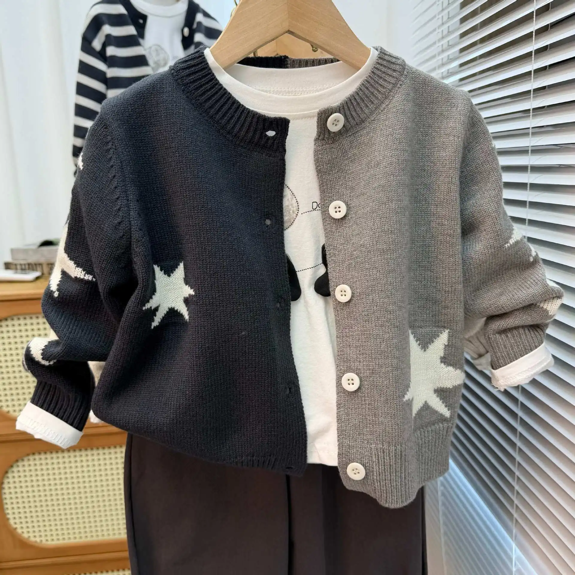 Autumn Winter Children Girls Sweater UNITIM 2026 Toddler Kids Boys Star Spliced Cardigan 2-8Yrs Boys Jacquard Open Stitch Coats