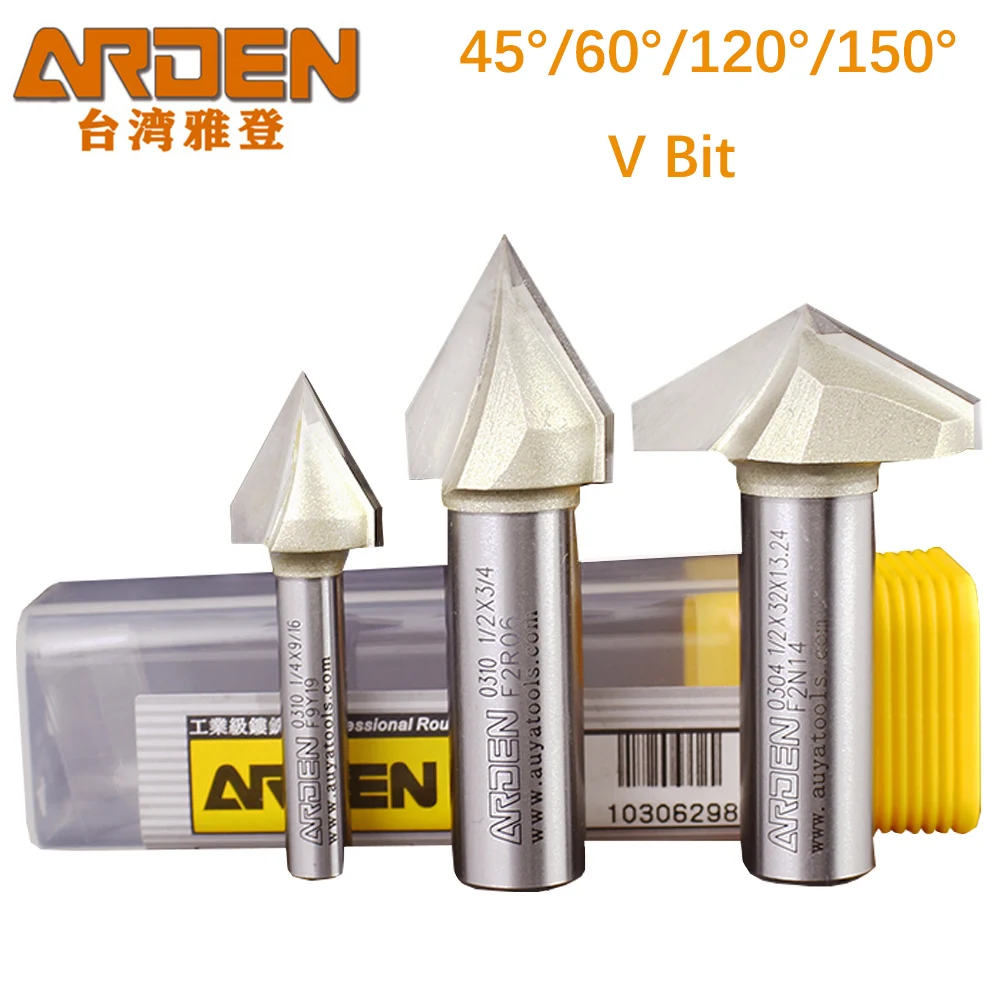 ARDEN Woodworking 3D Carving V Bit 45 60 120 150 Degree Engraving Router Bit Carbide V-shaped Bevel Tipped Milling Cutter MDF